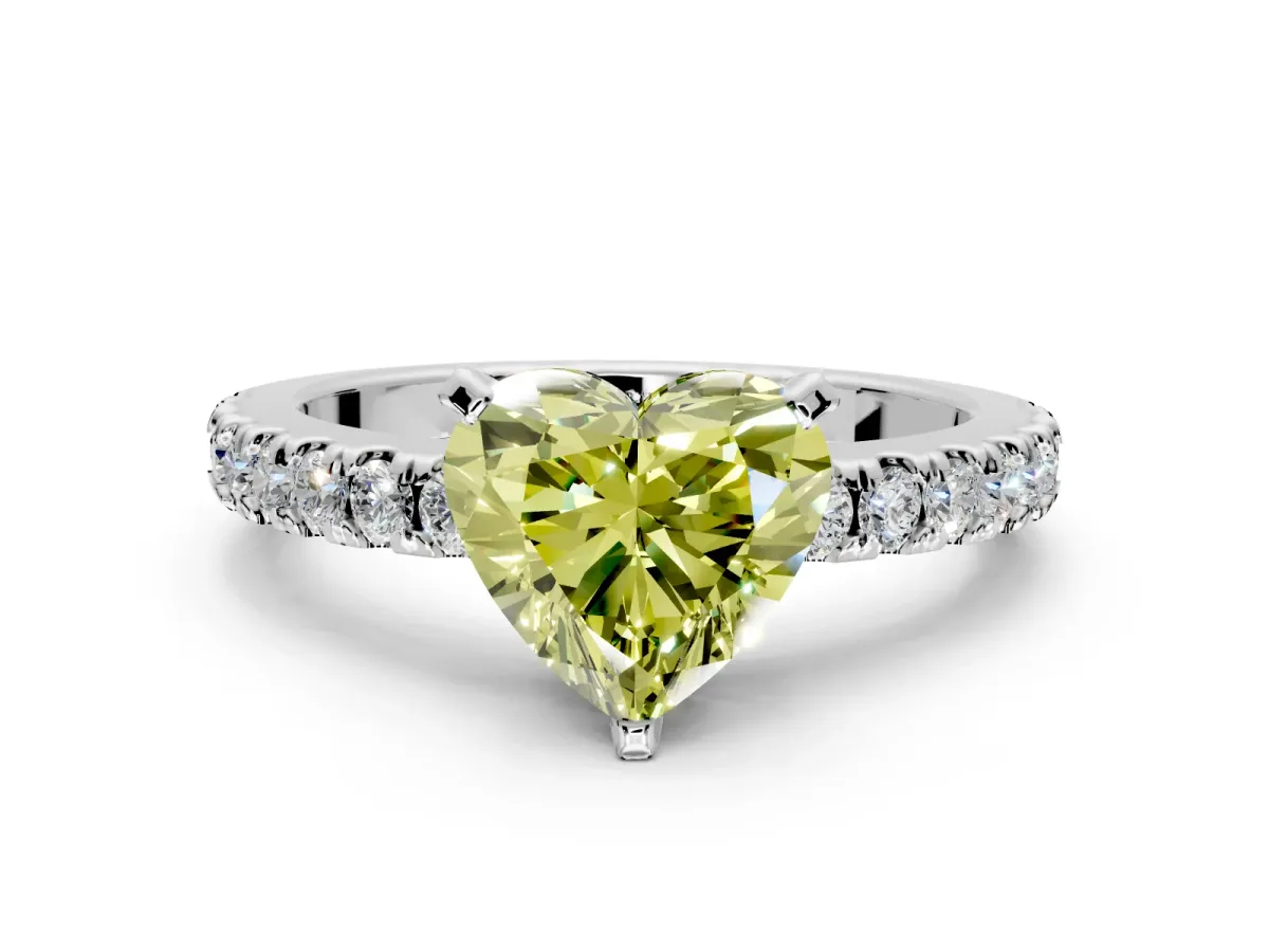 Solitaire Engagement Ring Setting for Fancy Yellow Heart-Shaped Center with Single Row Accent Band and Prong Head in Platinum
