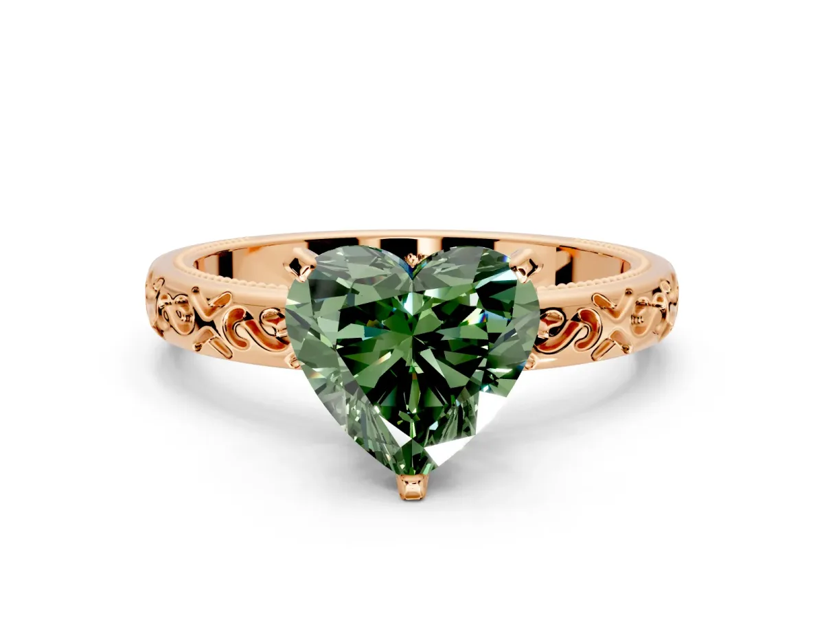 Solitaire Engagement Ring Setting for Fancy Green Heart-Shaped Center with Scrollwork Band and Prong Head in Rose Gold