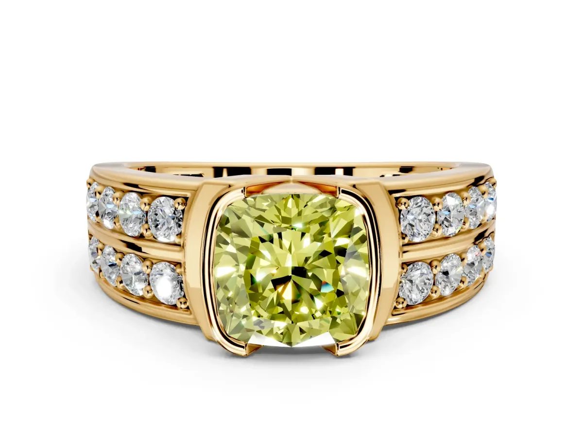 Bezel Engagement Ring Setting for Fancy Yellow Cushion Cut Center with Wide Channel-Set Band and Bezel Head in Yellow Gold