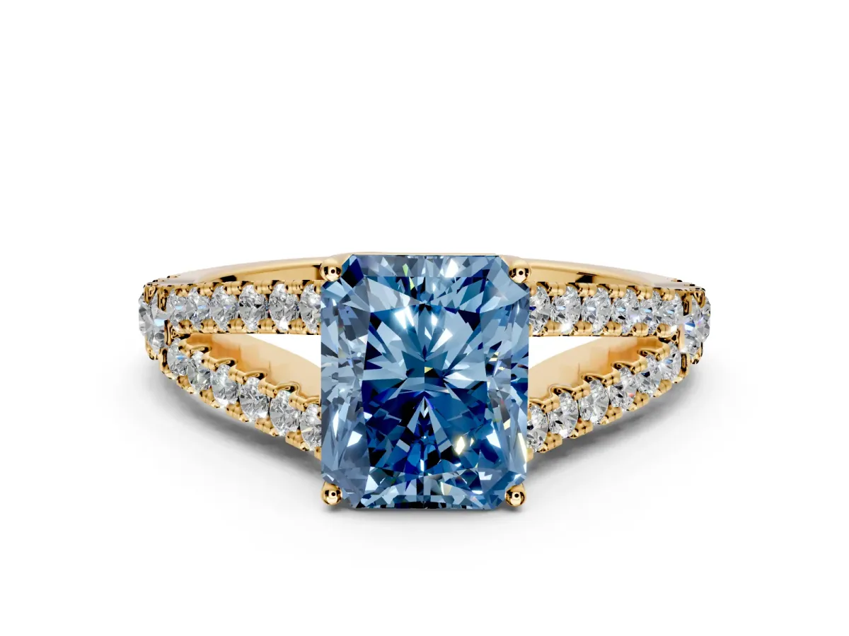 Solitaire Engagement Ring Setting for Fancy Blue Radiant Cut Center with Pave Split Shank and Prong Head in Yellow Gold
