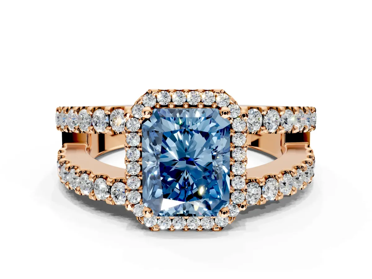 Halo Engagement Ring Setting for Fancy Blue Radiant Cut Center with Wide-Open Pave Split Shank and Prong Head in Rose Gold