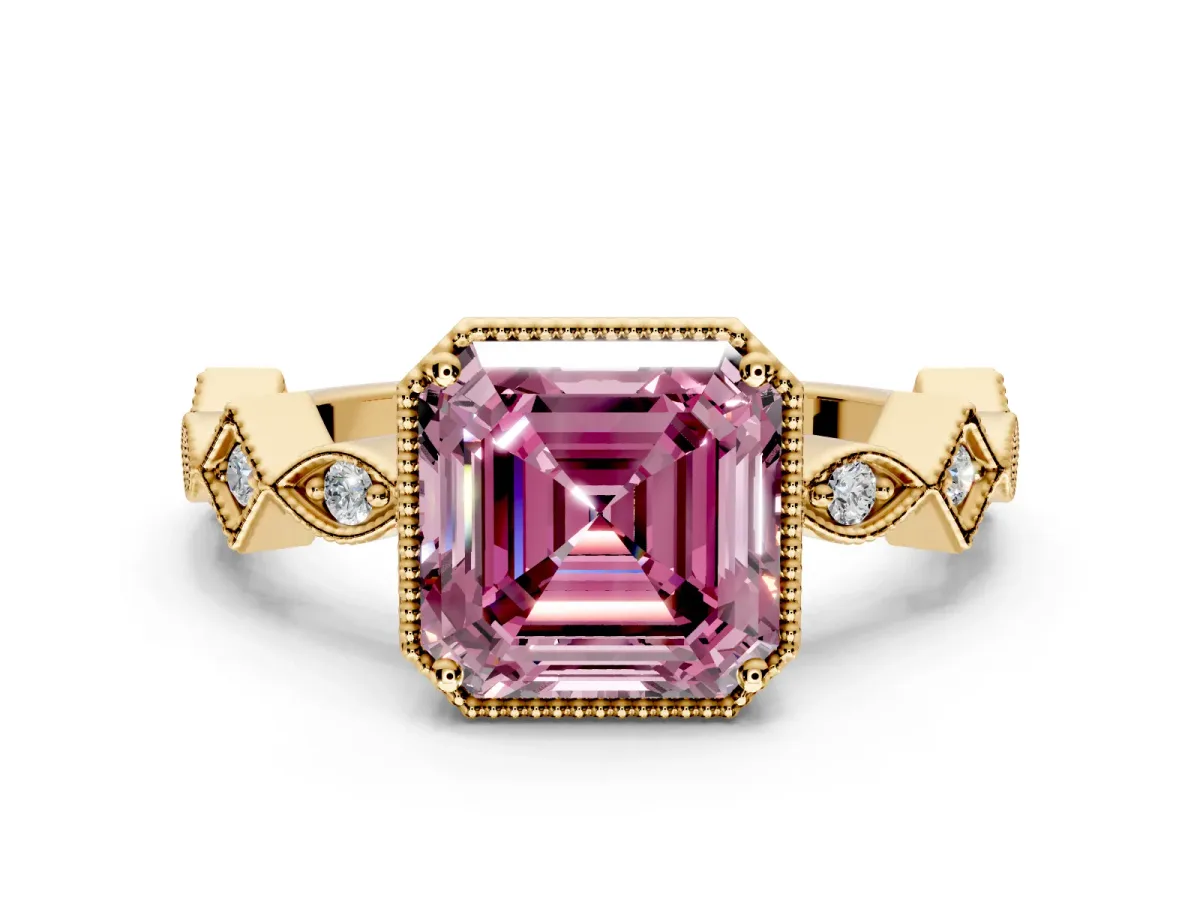 Milgrain Bezel Engagement Ring Setting for Fancy Pink Asscher Cut Center with Marquise Stations and Bezel Head in Yellow Gold