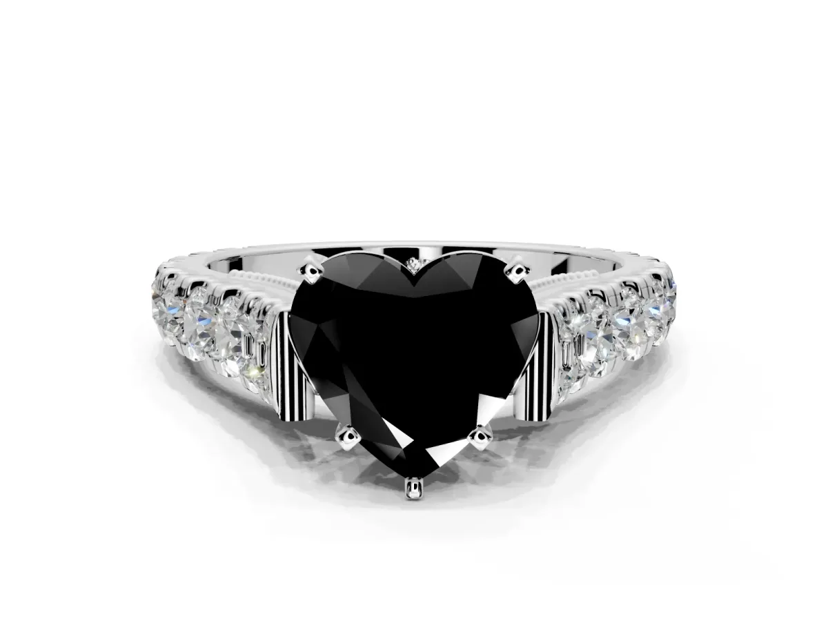 Solitaire Engagement Ring Setting for Fancy Black Heart-Shaped Center with Pave Cathedral Shoulders and Prong Head in Sterling Silver