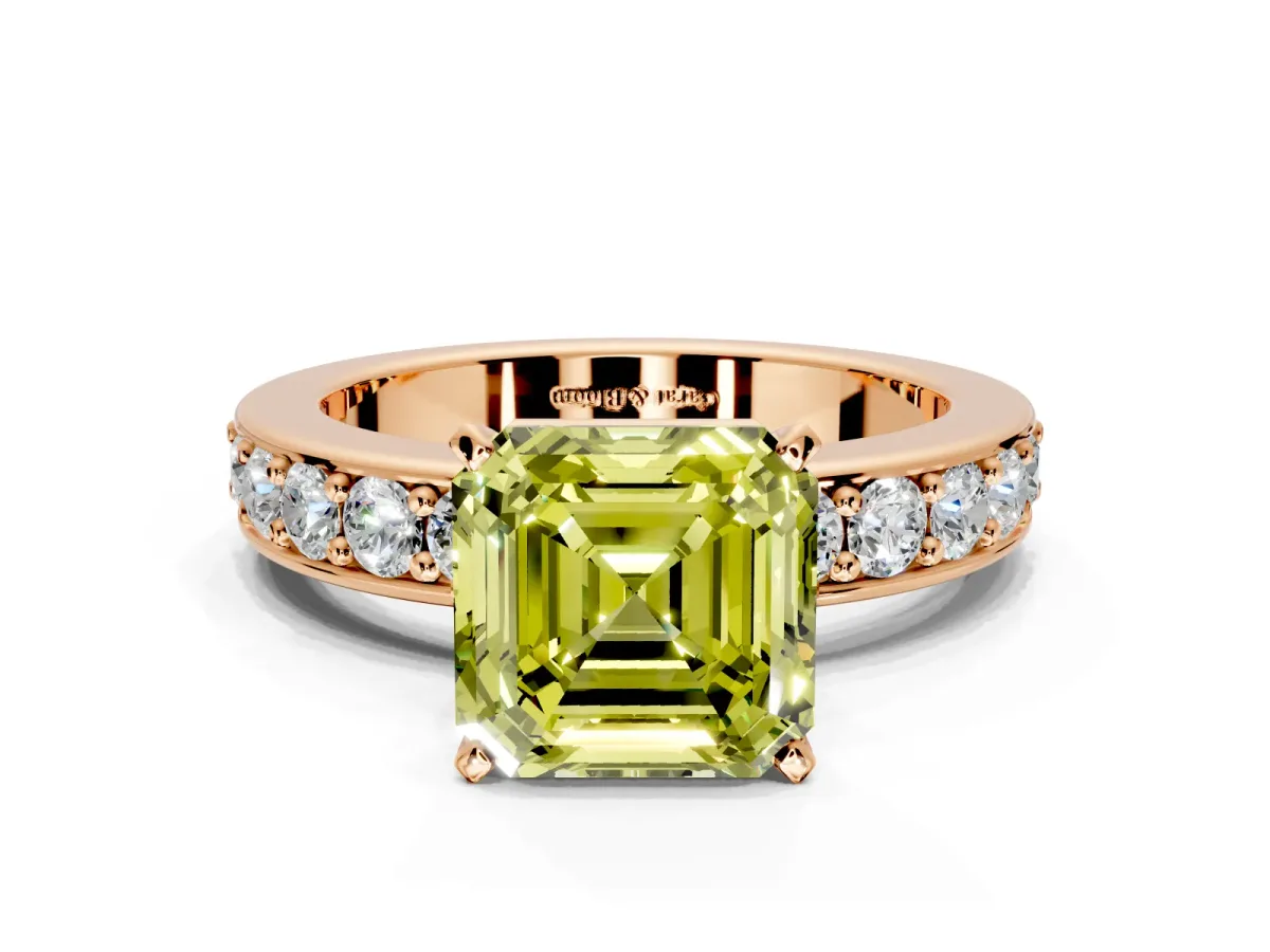 Solitaire Engagement Ring Setting for Fancy Yellow Asscher Cut Center with Channel-Set Accents and Prong Head in Rose Gold