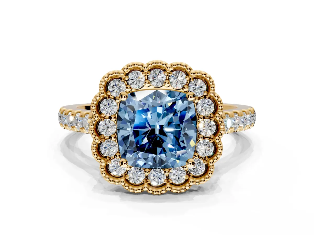 Milgrain Floral Halo Engagement Ring Setting for Fancy Blue Cushion Cut Center with Pave Band and Prong Head in Yellow Gold