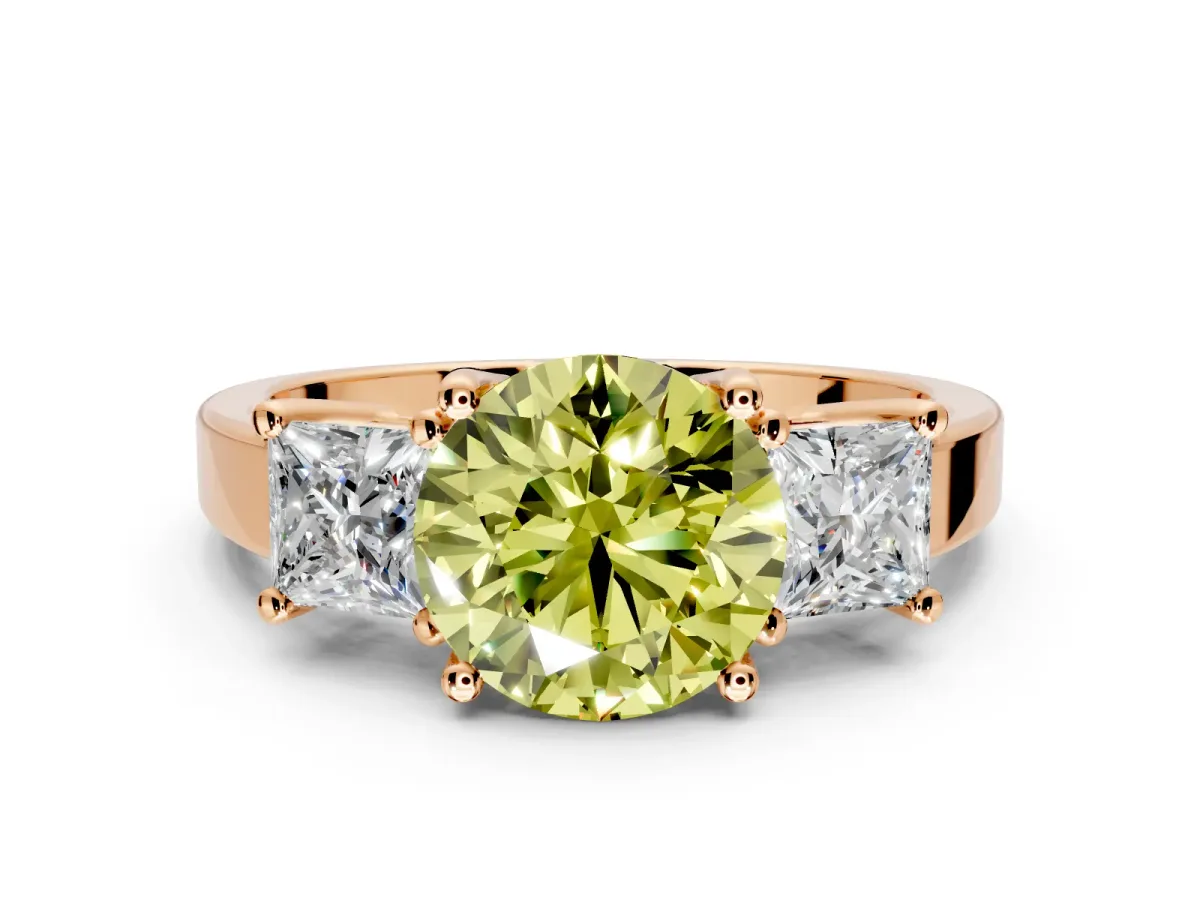 3 Stone Engagement Ring Setting for Fancy Yellow Round Cut Center with Matching Side Accents and Prong Head in Rose Gold