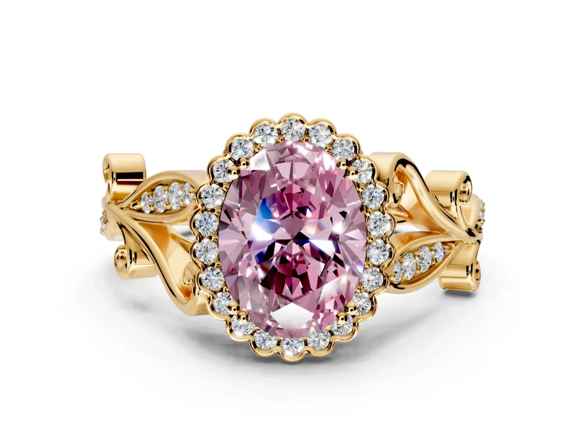 Halo Engagement Ring Setting for Fancy Pink Oval Center with Leaf Motif Split Shank and Prong Head in Yellow Gold