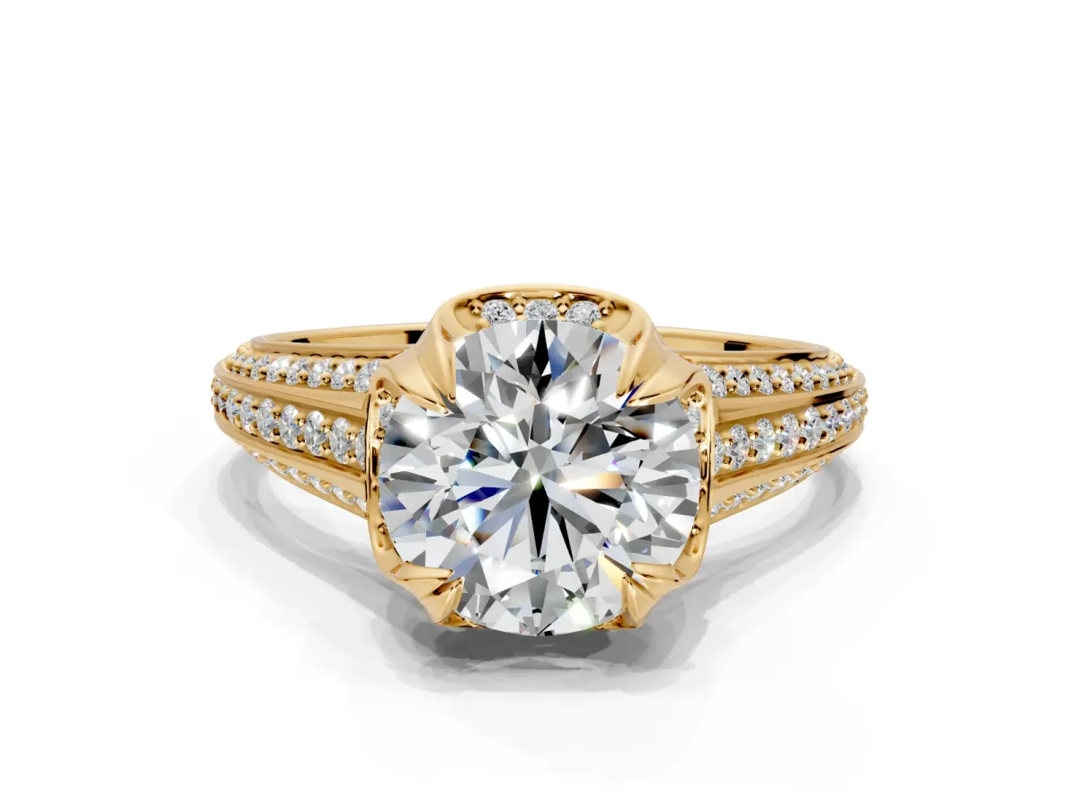 Solitaire Engagement Ring Setting for Round Cut Center with Accented Split Shank and Prong Head in Yellow Gold