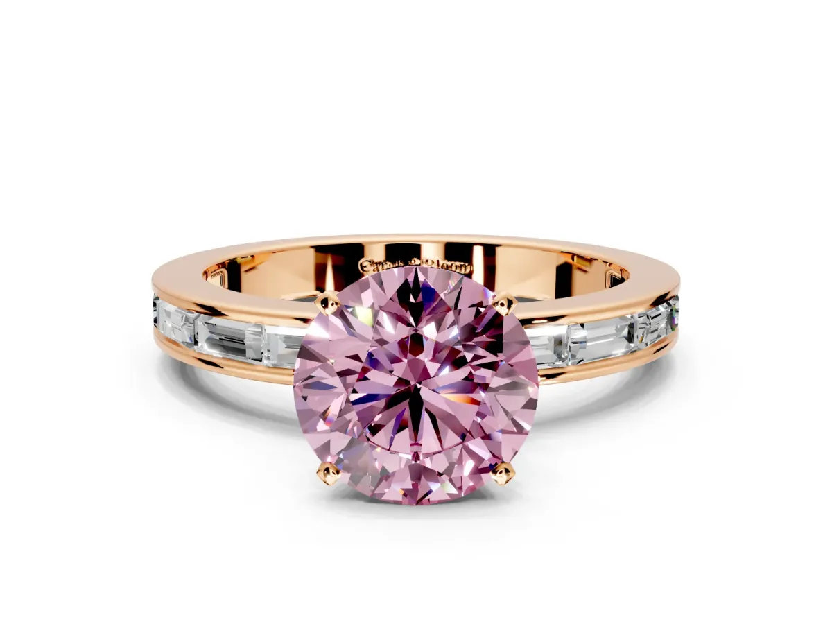 Solitaire Engagement Ring Setting for Fancy Pink Round Cut Center with Channel Baguette Band and Prong Head in Rose Gold