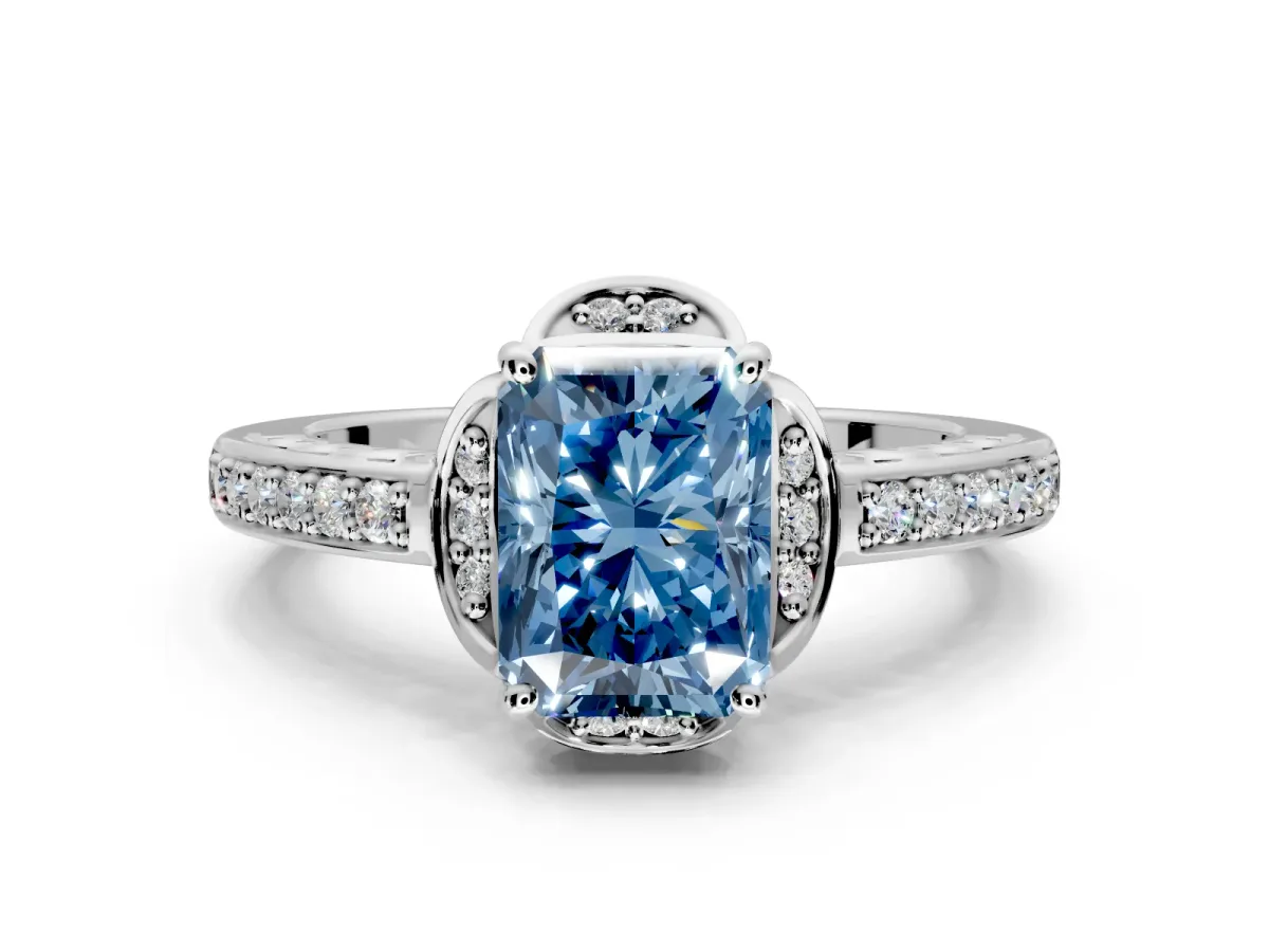 Floral Engagement Ring Setting for Fancy Blue Radiant Cut Center with Four Accent Clusters and Prong Head in Sterling Silver