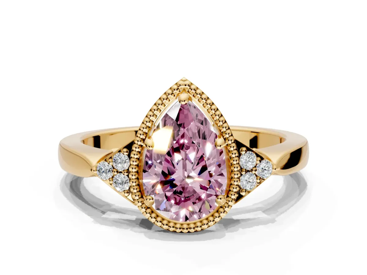 Cluster Engagement Ring Setting for Fancy Pink Pear-Shaped Center with Milgrain Shoulder Clusters and Prong Head in Yellow Gold