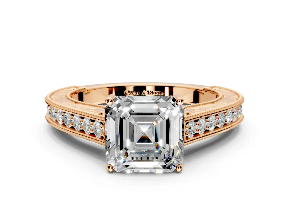 Solitaire Engagement Ring Setting for Asscher Cut Center with Engraved Pave Band and Prong Head in Rose Gold