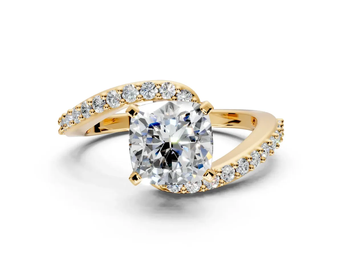 Solitaire Engagement Ring Setting for Cushion Cut Center with Pave Bypass Swirl Band and Prong Head in Yellow Gold
