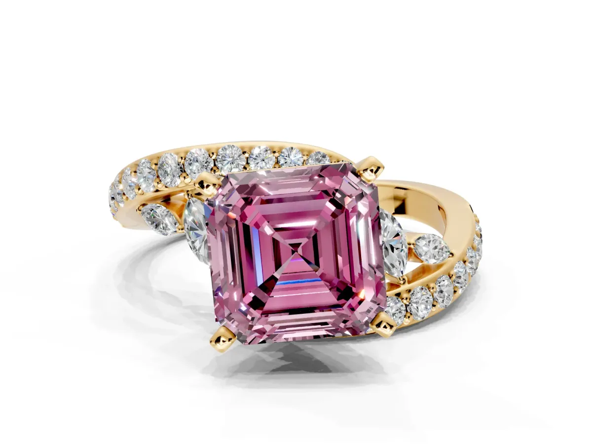 Solitaire Engagement Ring Setting for Fancy Pink Asscher Cut Center with Pave Bypass Twist Band and Prong Head in Yellow Gold