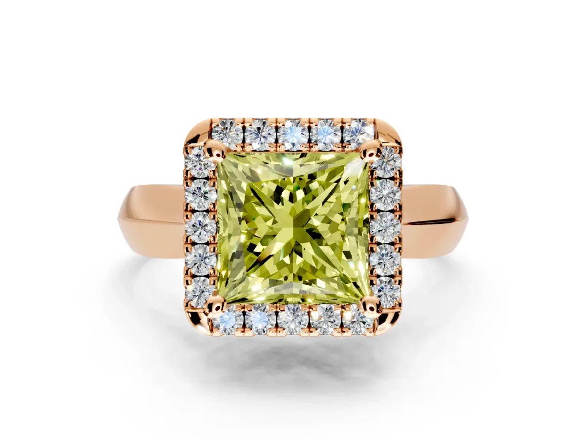 Halo Engagement Ring Setting for Fancy Yellow Princess Cut Center with Square Band and Prong Head in Rose Gold