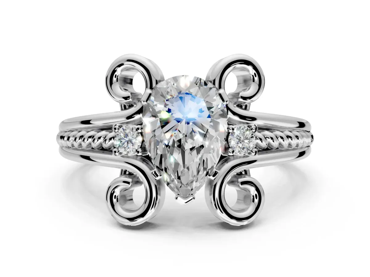 Solitaire Engagement Ring Setting for Pear-Shaped Center with Twisted Band and Scroll Prong Head in White Gold