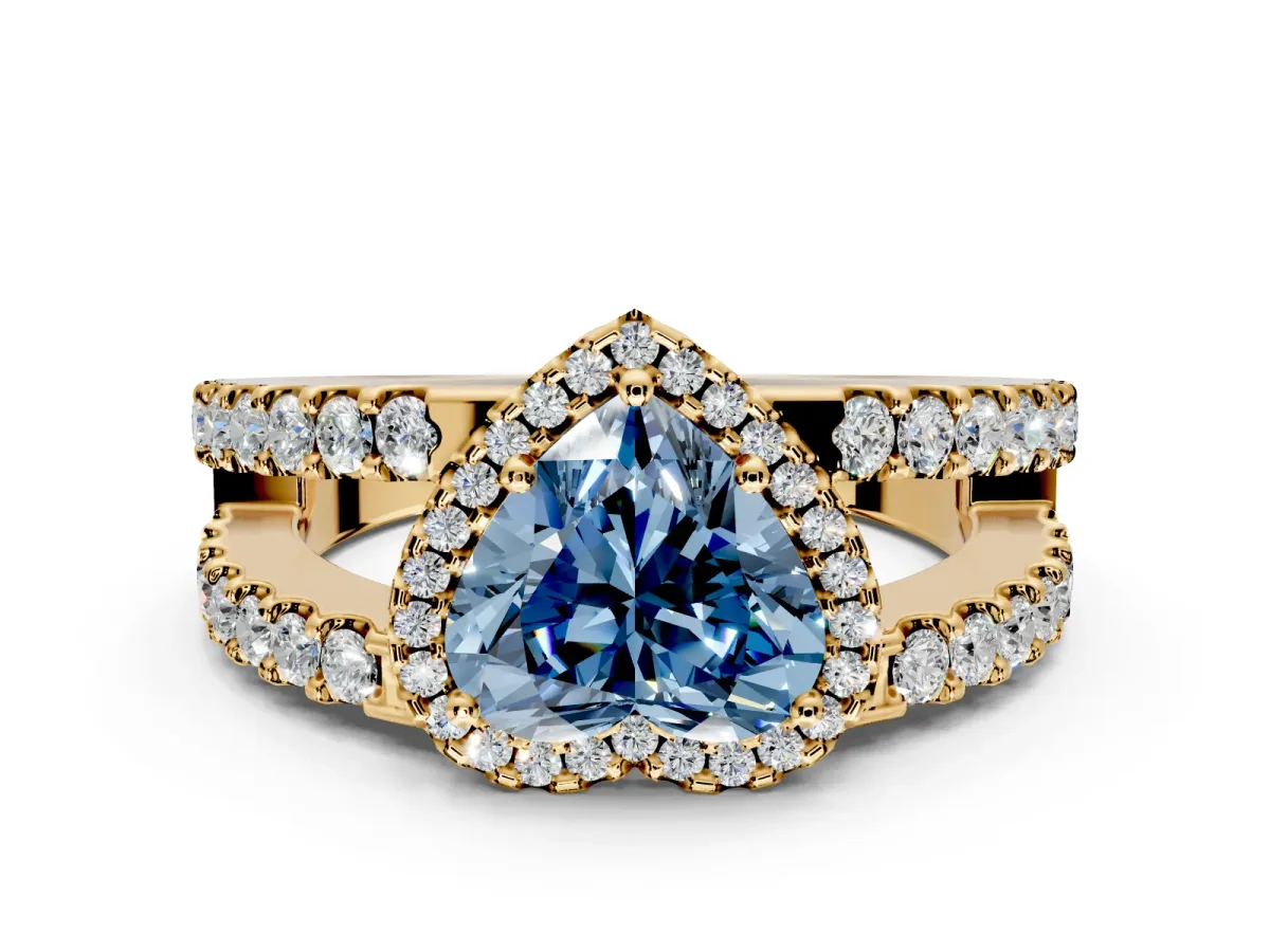 Halo Engagement Ring Setting for Fancy Blue Heart-Shaped Center with Wide-Open Pave Split Shank and Prong Head in Yellow Gold
