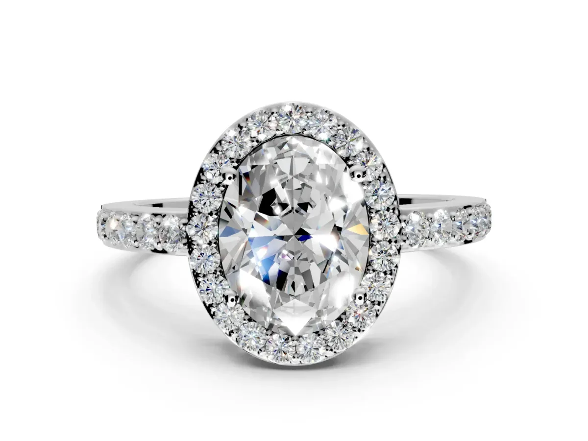 Halo Engagement Ring Setting for Oval Center with Heart-Shaped Openwork, Pave Band and Prong Head in White Gold