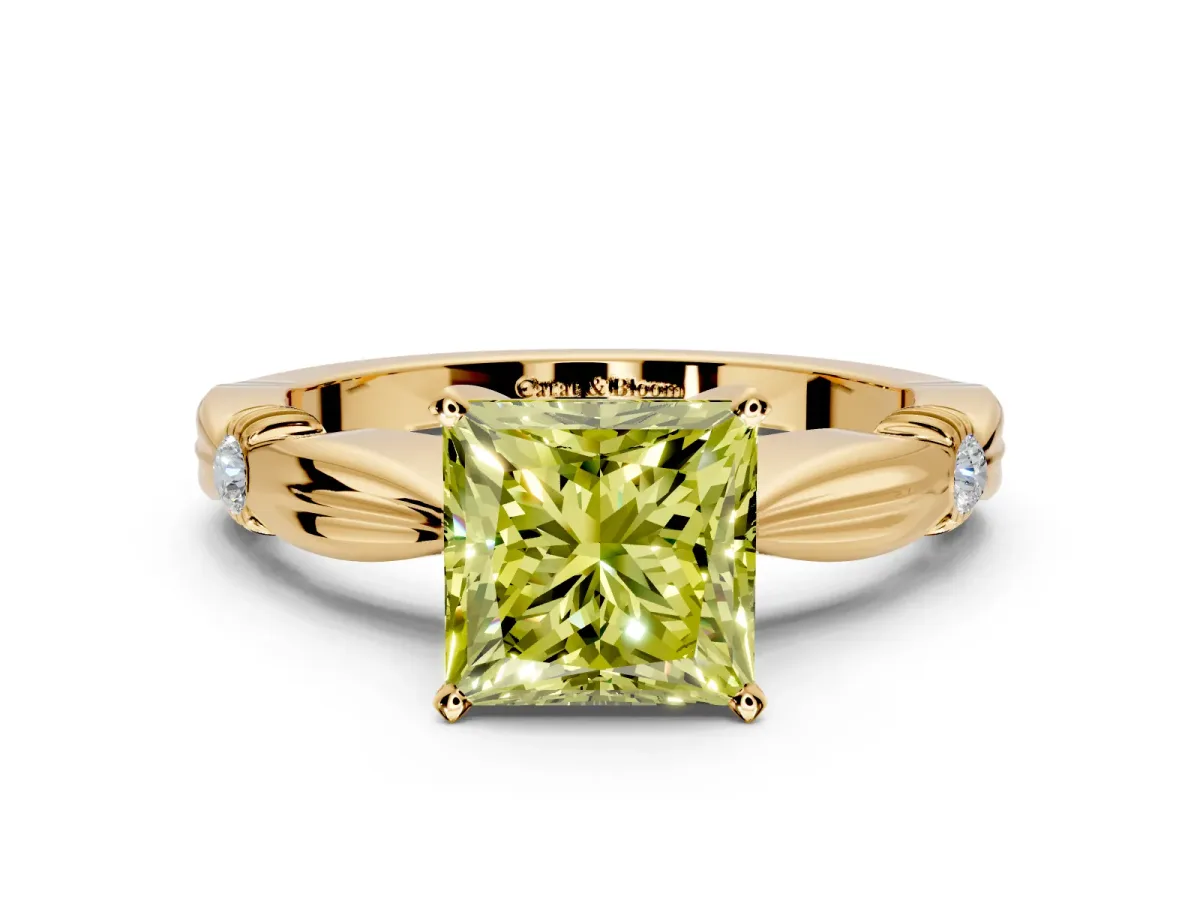 Solitaire Engagement Ring Setting for Fancy Yellow Princess Cut Center with Carved Leaf Shoulders and Prong Head in Yellow Gold