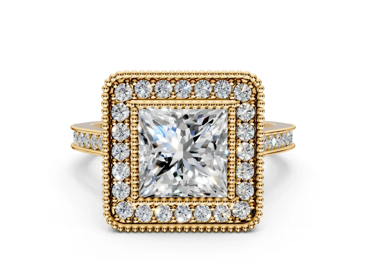 Halo Engagement Ring Setting for Princess Cut Center with Milgrain Frame, Pave Band and Prong Head in Yellow Gold