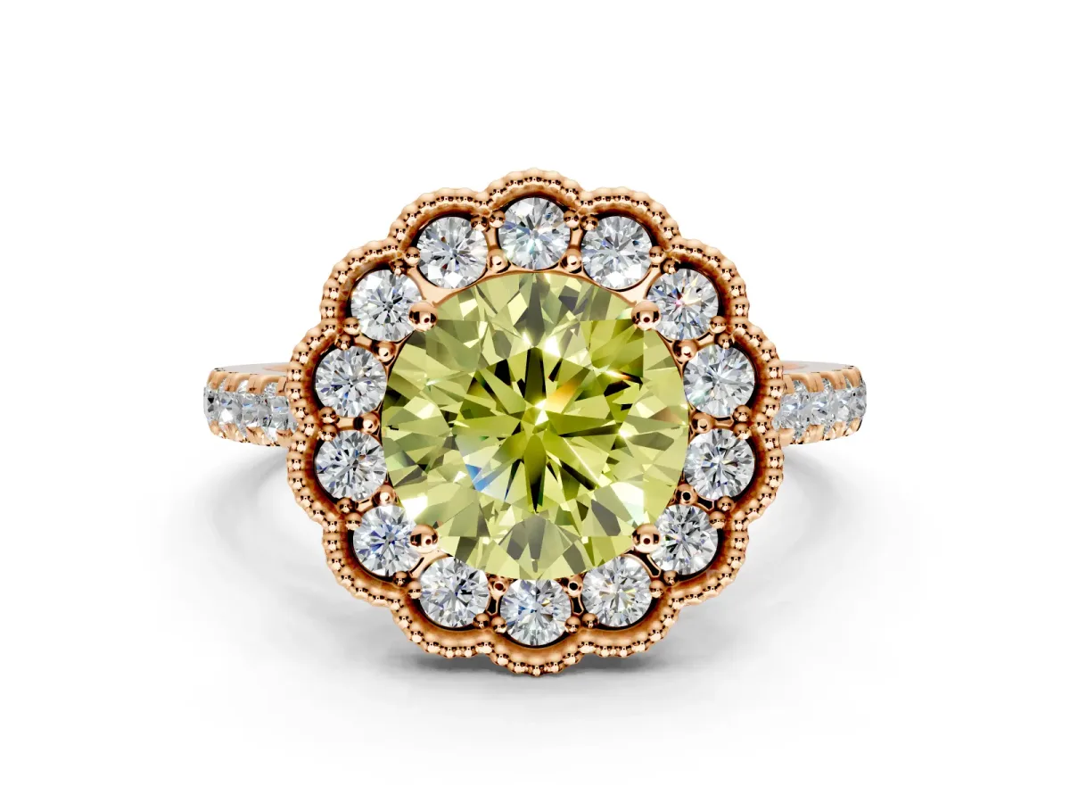 Milgrain Floral Halo Engagement Ring Setting for Fancy Yellow Round Cut Center with Pave Band and Prong Head in Rose Gold