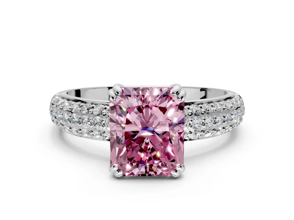 Solitaire Engagement Ring Setting for Fancy Pink Radiant Cut Center with Multi-Row Pave Accents and Basket Head in Platinum