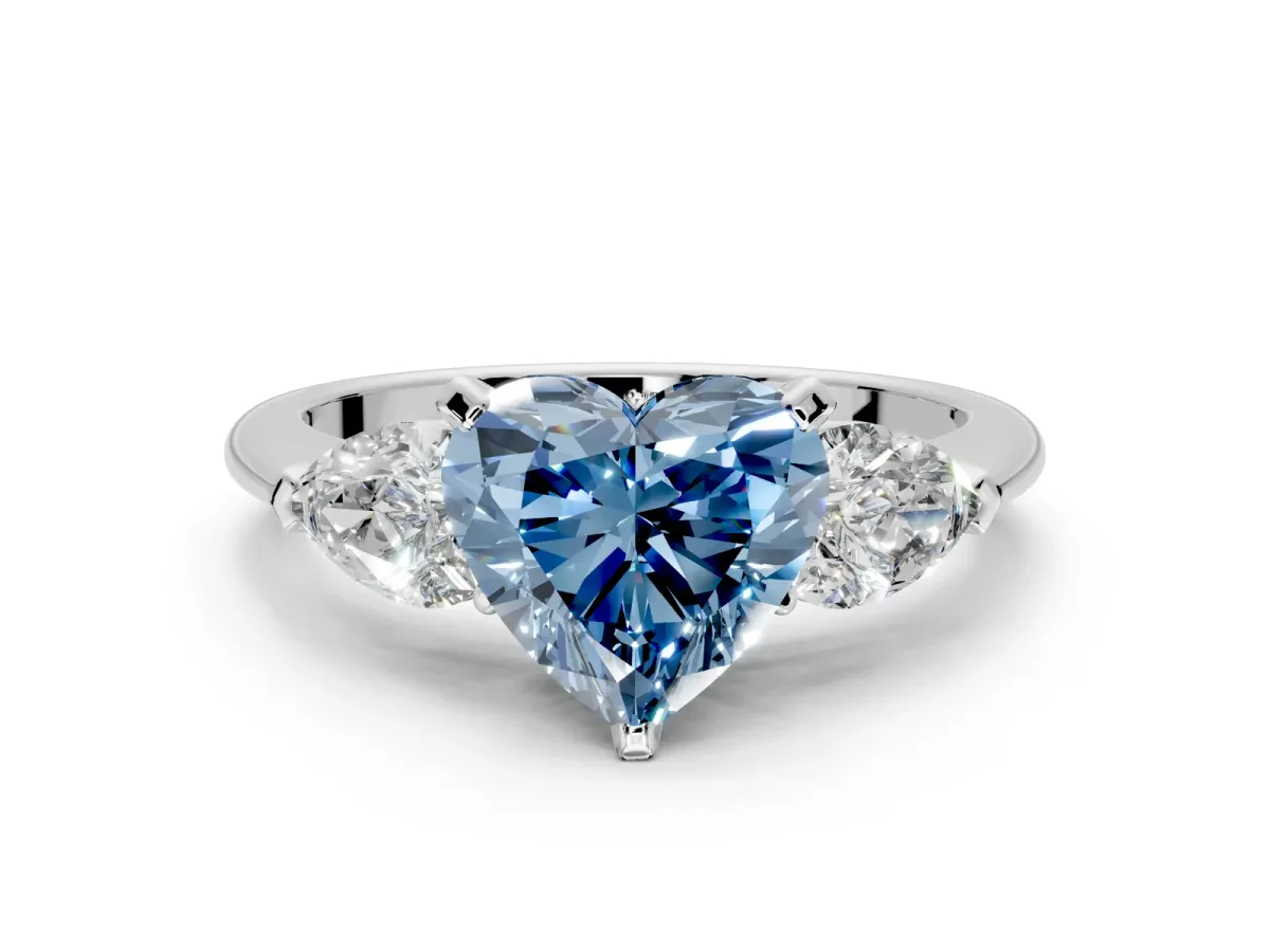 3 Stone Engagement Ring Setting for Fancy Blue Heart-Shaped Center with Large Pear-Shaped Accents and Prong Head in White Gold