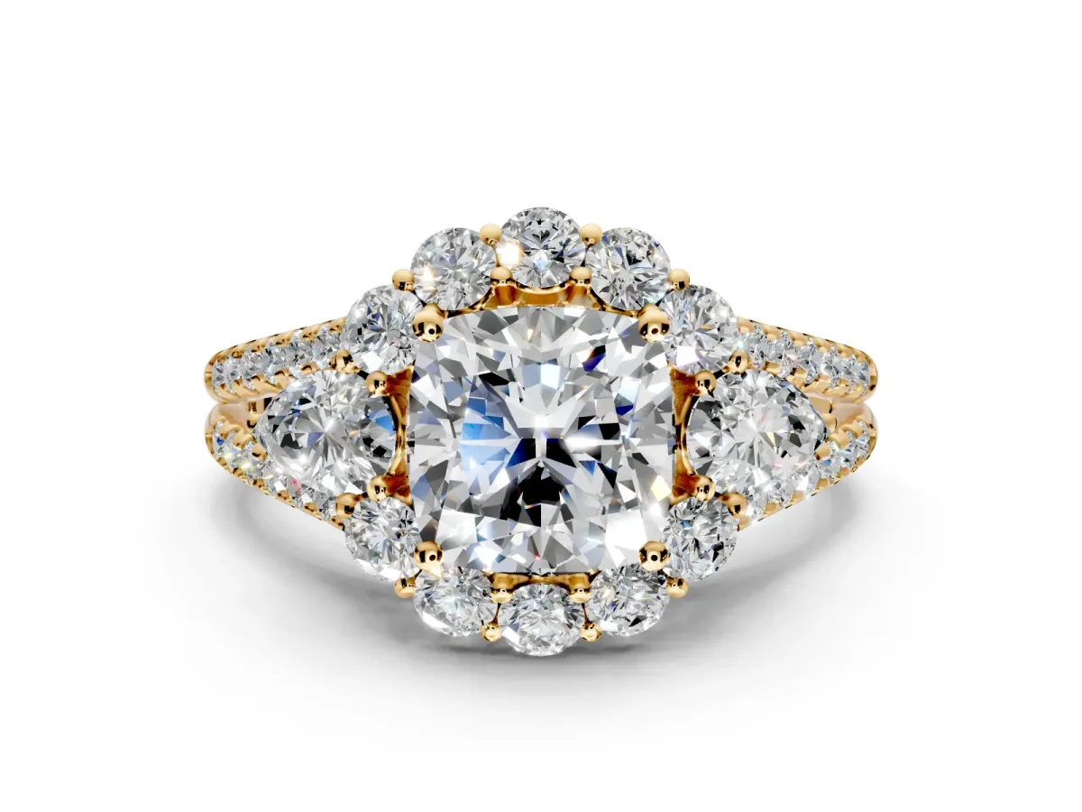 Halo Engagement Ring Setting for Cushion Cut Center with Two-Strand Split Shank and Prong Head in Yellow Gold