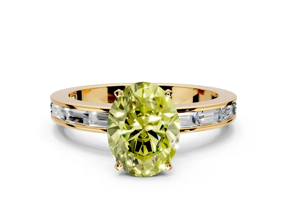 Solitaire Engagement Ring Setting for Fancy Yellow Oval Center with Channel Baguette Band and Prong Head in Yellow Gold