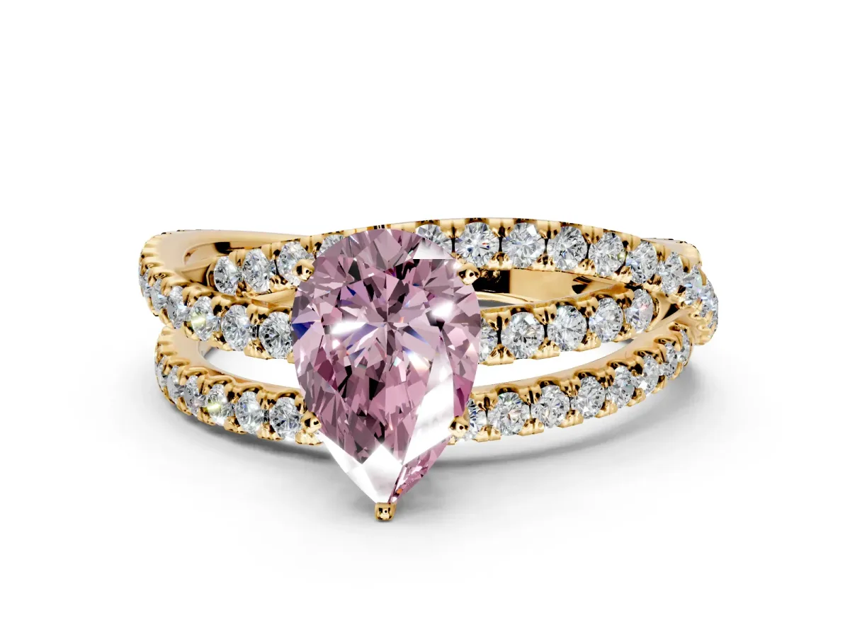 Solitaire Engagement Ring Setting for Fancy Pink Pear-Shaped Center with Woven 3-Strand Pave Band and Prong Head in Yellow Gold