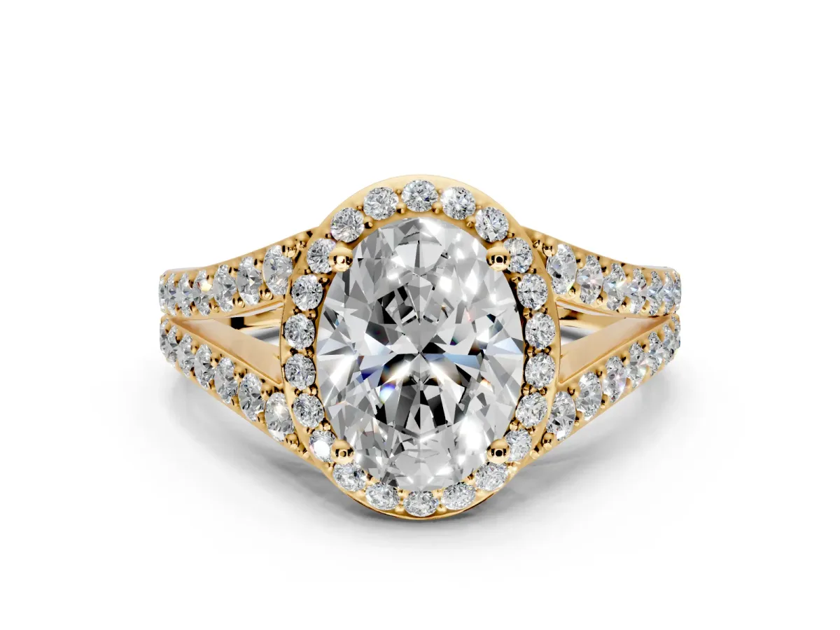 Halo Engagement Ring Setting for Oval Center with Narrow Pave Split Shank and Prong Head in Yellow Gold