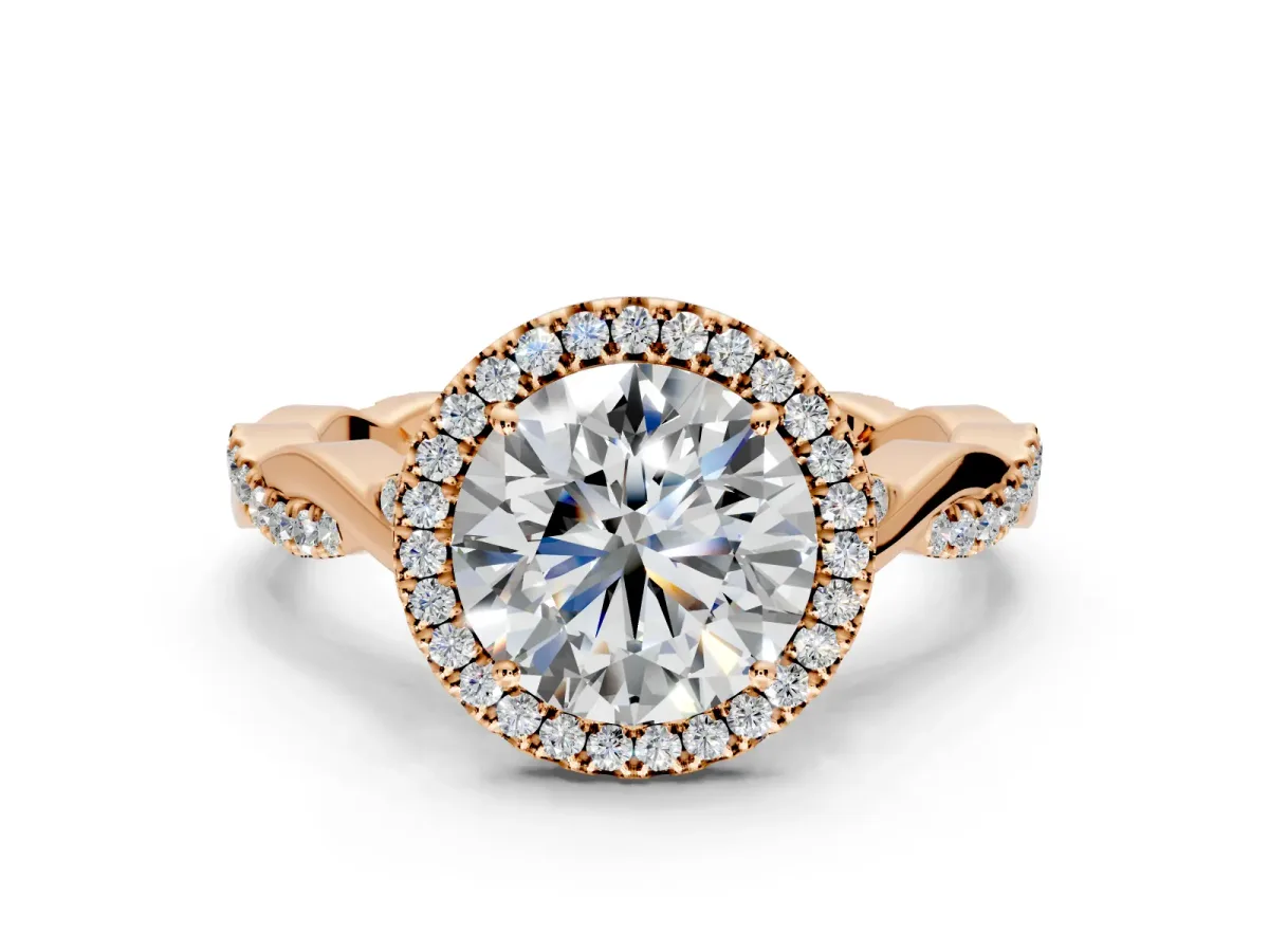 Halo Engagement Ring Setting for Round Cut Center with Twist Band and Prong Head in Rose Gold