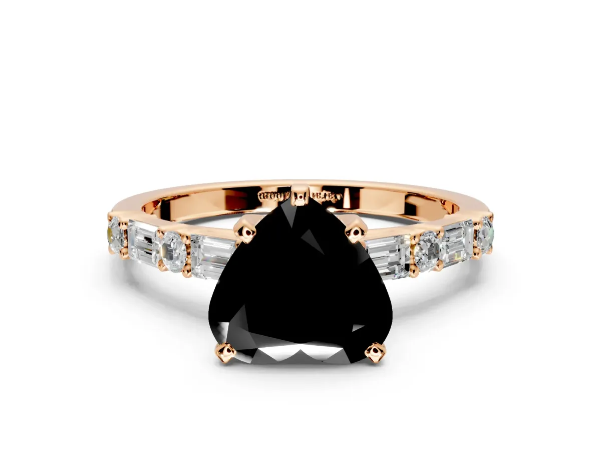 Baguette Engagement Ring Setting for Fancy Black Heart-Shaped Center with Alternating Bar-Set Band and Prong Head in Rose Gold