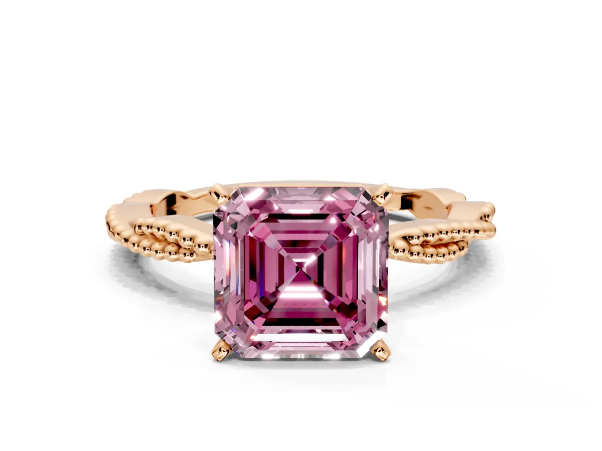 Solitaire Engagement Ring Setting for Fancy Pink Asscher Cut Center with Twist Band and Bead Prong Head in Rose Gold
