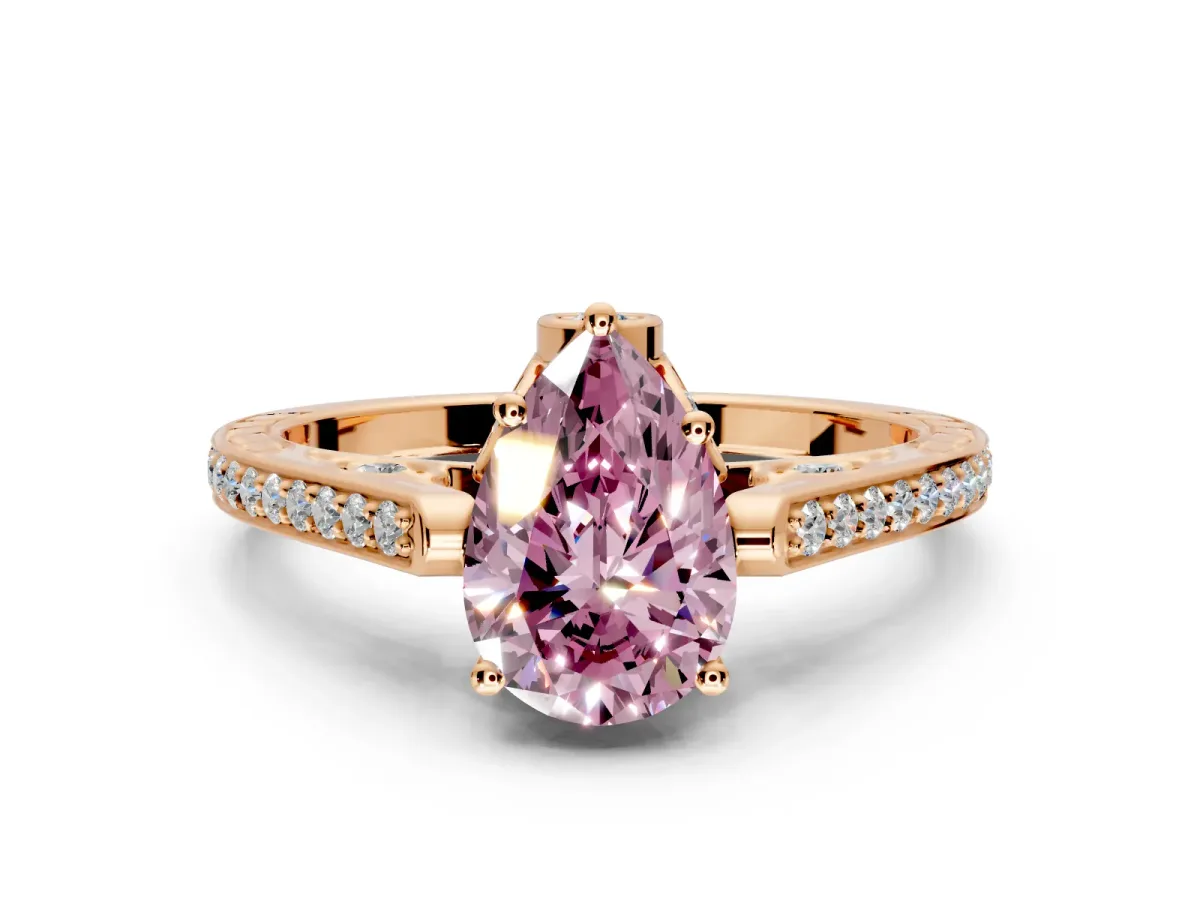Cathedral Engagement Ring Setting for Fancy Pink Pear-Shaped Center with Antique-Style Pave Band and Prong Head in Rose Gold