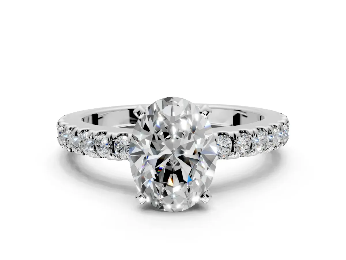 Solitaire Engagement Ring Setting for Oval Center with Single Row Accent Band and Prong Head in Platinum