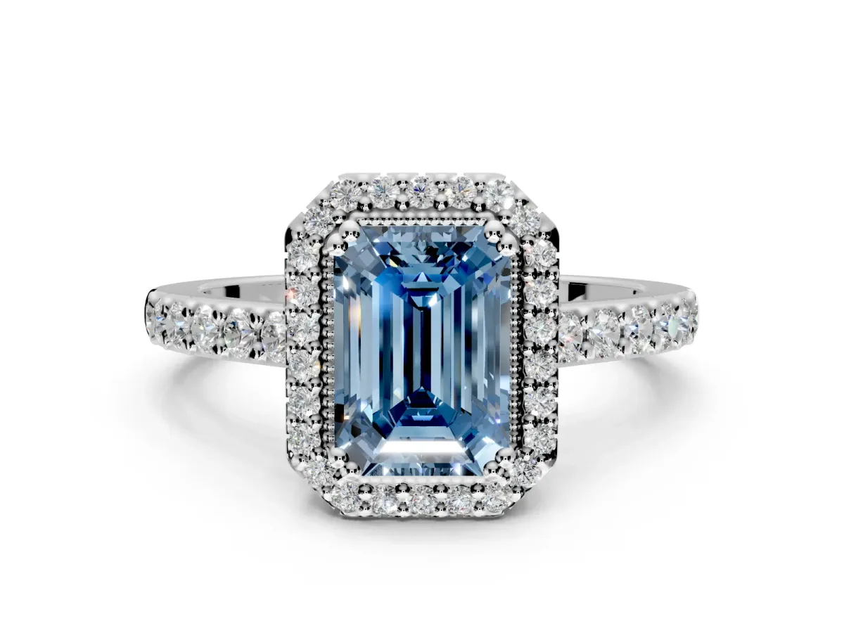 Halo Engagement Ring Setting for Fancy Blue Emerald Cut Center with Inner Milgrain Border and Prong Head in Sterling Silver