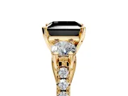 3 Stone Engagement Ring Setting for Fancy Black Princess Cut Center with Crossover Basket, Pave Band and Prong Head in Yellow Gold