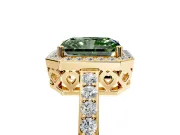 Halo Engagement Ring Setting for Fancy Green Radiant Cut Center with Heart-Shaped Openwork, Pave Band and Prong Head in Yellow Gold