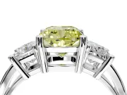 3 Stone Engagement Ring Setting for Fancy Yellow Cushion Cut Center with Matching Side Accents and Prong Head in Platinum