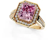 Halo Engagement Ring Setting for Fancy Pink Emerald Cut Center with Outer Bezel Rim, Pave Band and Prong Head in Yellow Gold