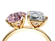 Fancy Pink Round Cut and Emerald Cut Lab-Grown Diamond Toi et Moi Engagement Ring with Prong-Set Stones in Yellow Gold
