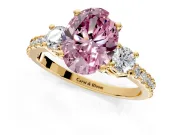 3 Stone Engagement Ring Setting for Fancy Pink Oval Center with Round Cut Side Accents and Prong Head in Yellow Gold