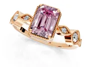 Vintage Station Engagement Ring Setting for Fancy Pink Emerald Cut Center with Accents and Prong Head in Rose Gold