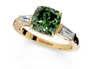 3 Stone Engagement Ring Setting for Fancy Green Cushion Cut Center with Baguette Accents and Prong Head in Yellow Gold