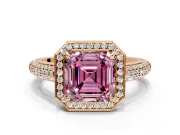 Milgrain Halo Engagement Ring Setting for Fancy Pink Asscher Cut Center with Three-Sided Pave Band and Prong Head in Rose Gold
