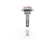 Halo Engagement Ring Setting for Fancy Pink Emerald Cut Center with Outer Bezel Rim, Pave Band and Prong Head in Platinum