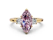 3 Stone Engagement Ring Setting for Fancy Pink Marquise Center with Wide Plain Band and Prong Head in Yellow Gold