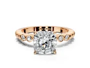Solitaire Engagement Ring Setting for Cushion Cut Center with Bezel-Dot Beaded Band and Prong Head in Rose Gold
