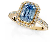 Halo Engagement Ring Setting for Fancy Blue Emerald Cut Center with Inner Milgrain Border and Prong Head in Yellow Gold